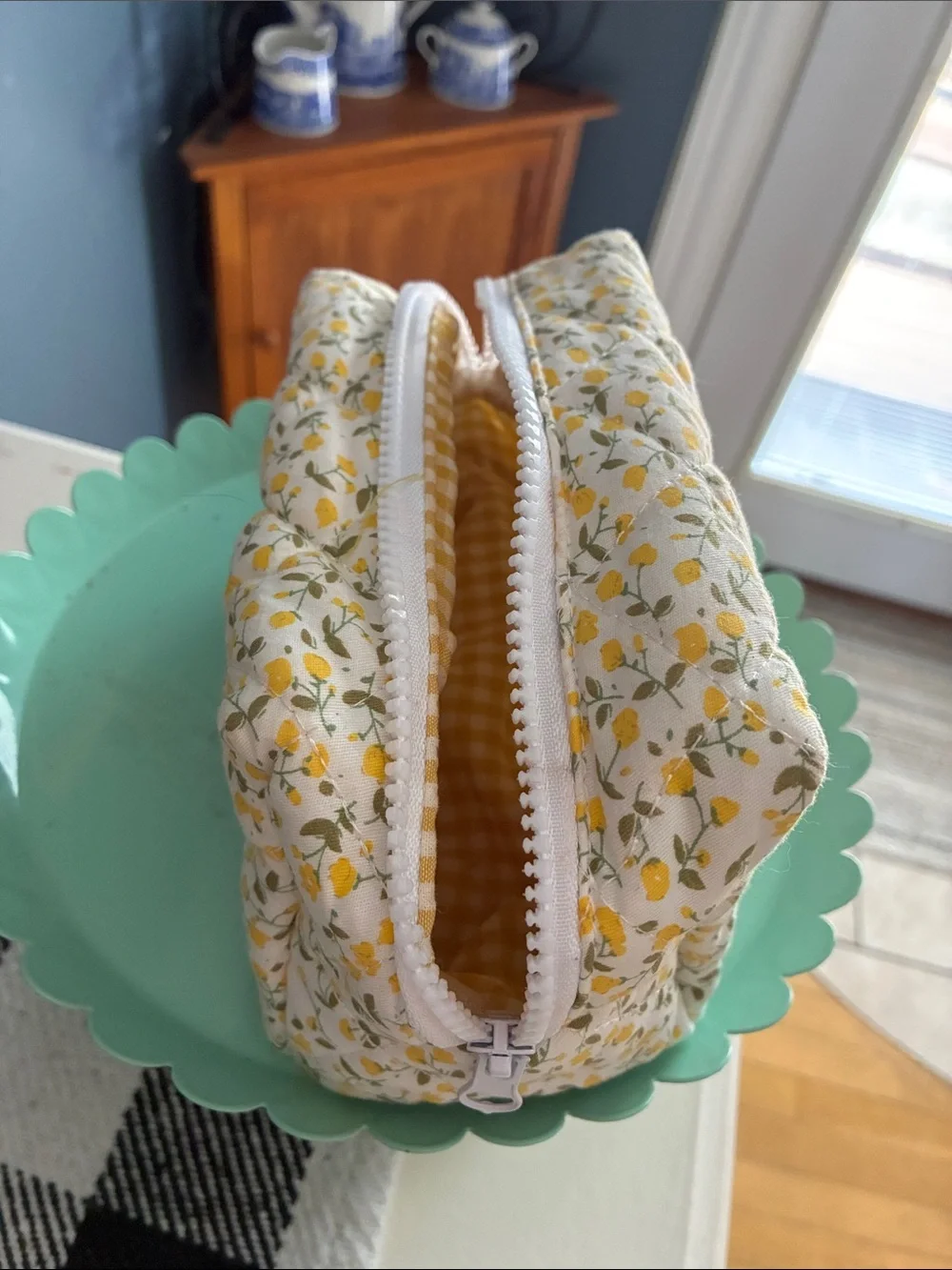 Quilted Floral Zip Pouch — Yellow & Green